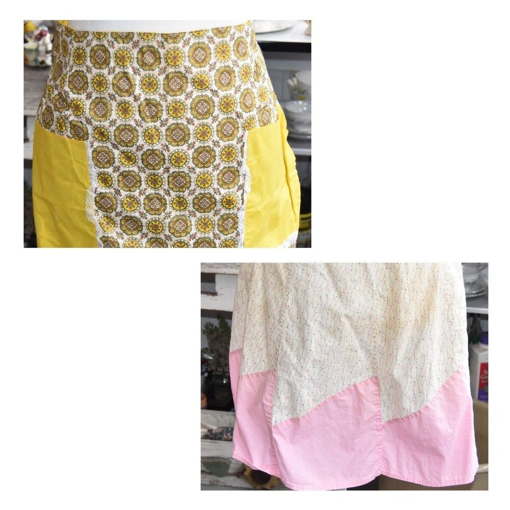 Vintage 50s-60s Half Aprons Cotton Tie Back Yellow and Pink Set of 2